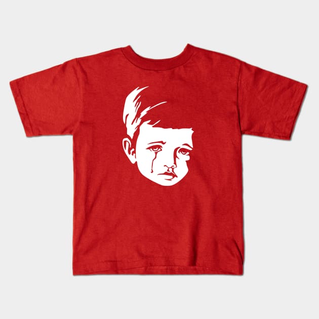 Faces - crying gypsy boy on a red and orange floral background Kids T-Shirt by VrijFormaat